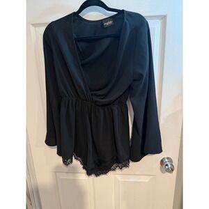 Audrey Black Long Sleeve Romper V-Neck Bell Sleeve Lace Trim Eyelash Hem Small